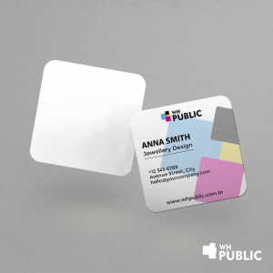 Cartão de visita Couchê 300g 5x5cm 4x0 Laminação Fosca e Verniz Localizado Frente Corte personalizado 